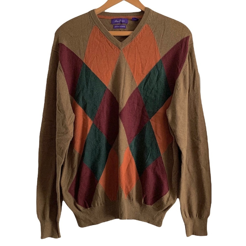 Alan Flusser Brown Argyle Long Sleeve Sweater Size Medium